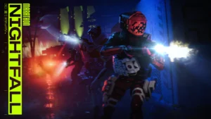 The cover of Marathon Season 2: Nightfall featuring the new Shell, Sentinel, leading their team in the darkness of Night Dire Marsh