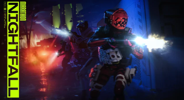 The cover of Marathon Season 2: Nightfall featuring the new Shell, Sentinel, leading their team in the darkness of Night Dire Marsh