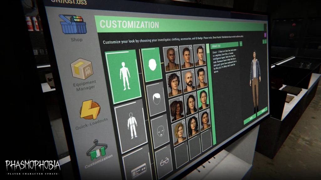 The customization menu showcasing all of the customization options in the Phasmophobia Player Character update