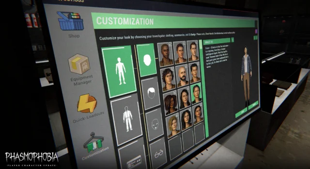 The customization menu showcasing all of the customization options in the Phasmophobia Player Character update