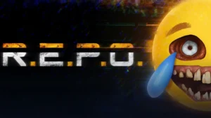 The cover of REPO featuring a disturbing laughing until crying emoji with a fleshy mouth and fleshy set of eyes