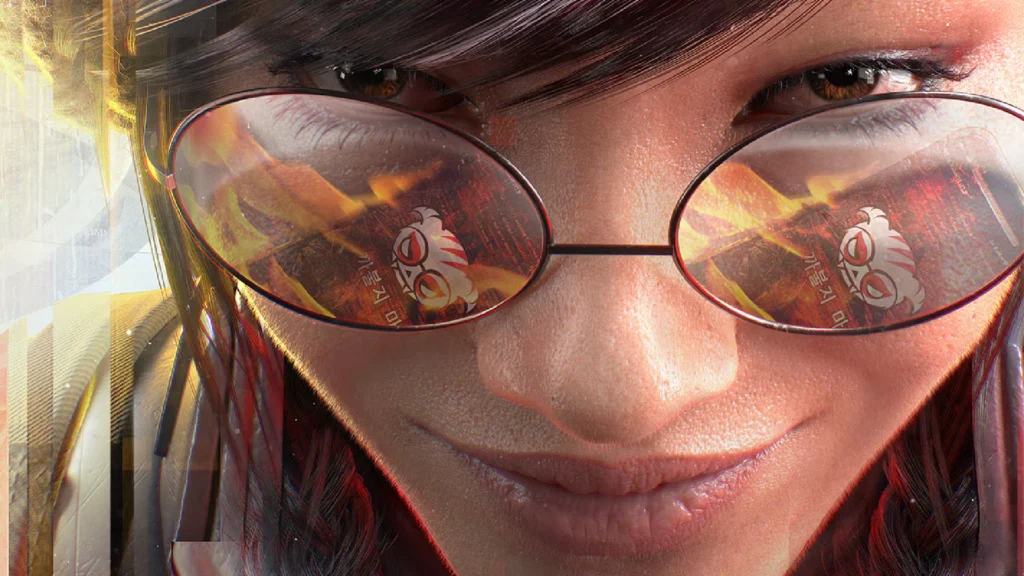 The Aggressive Siege X Dokkaebi Rework Arriving In Operation System Override 2 A close up of Dokkaebi's face as her glasses reflect burning flames with her new icon in the flames in the upcoming Siege X Dokkaebi rework