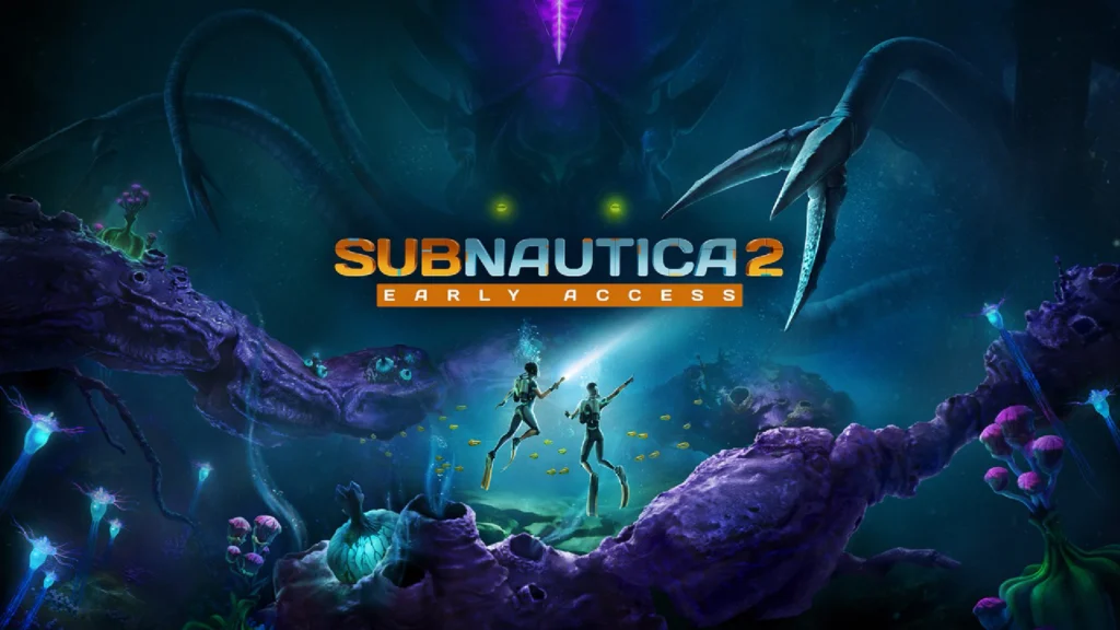 The cover of Subnautica 2 showing two divers discovering a massive squid like creature with the title of the game in between them