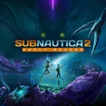 The cover of Subnautica 2 showing two divers discovering a massive squid like creature with the title of the game in between them