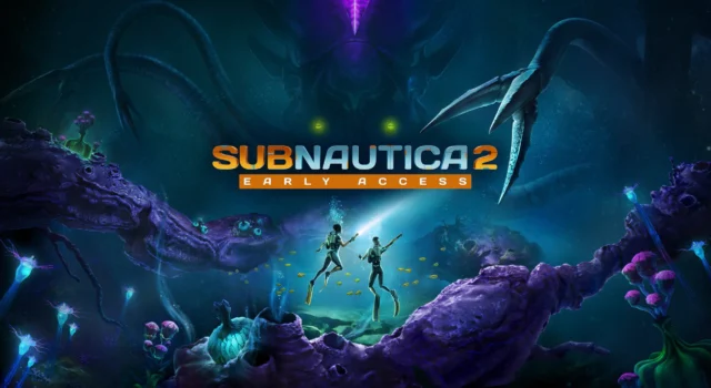 The cover of Subnautica 2 showing two divers discovering a massive squid like creature with the title of the game in between them
