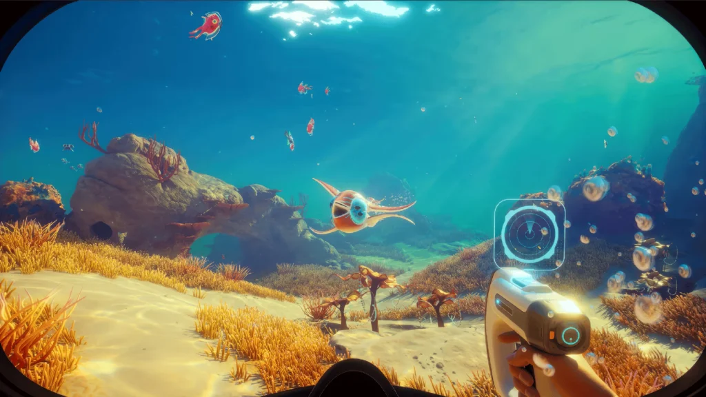 A first person view of a diver under the waters of Proteus and observing a creature with a scanner in their right hand