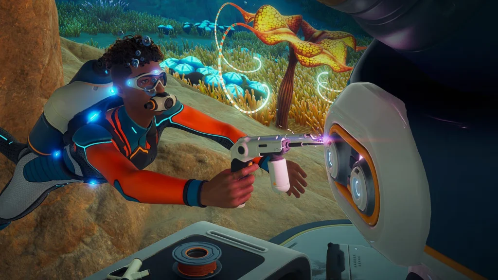 A diver fixing their Tadpole underwater, just like how Unknown Worlds is fixing the game according to the Subnautica 2 early access roadmap