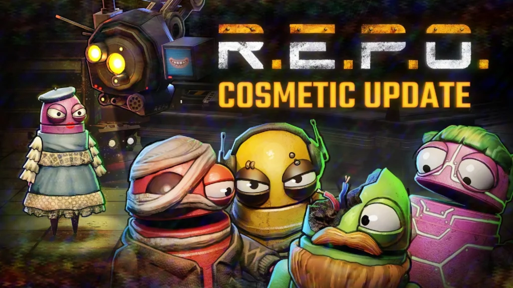 The cover of the REPO Cosmetics update showing several Semibots wearing various cosmetics