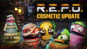 The cover of the REPO Cosmetics update showing several Semibots wearing various cosmetics