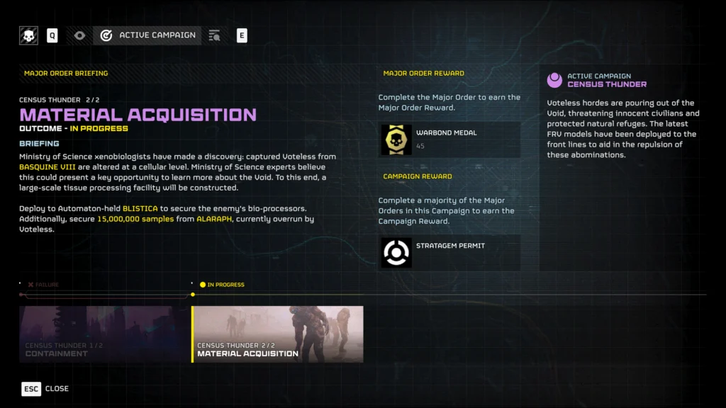 The Active Campaign tab of the Control Center terminal from the Helldivers 2 Galactic Campaign system