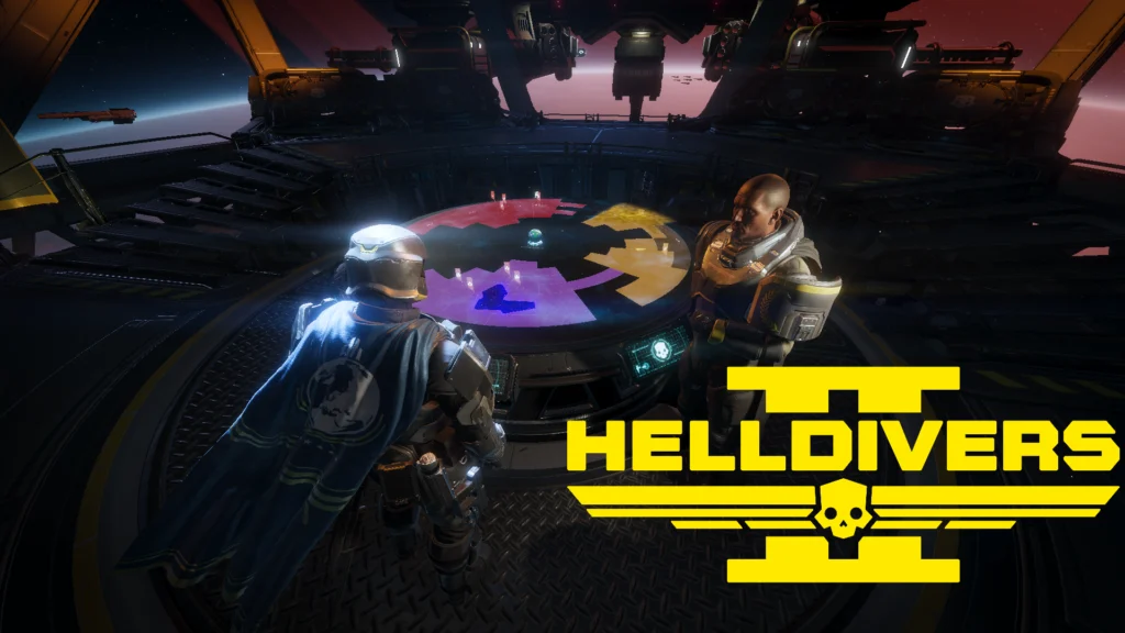 A Helldiver and a Democracy Officer standing by the Galactic War Map