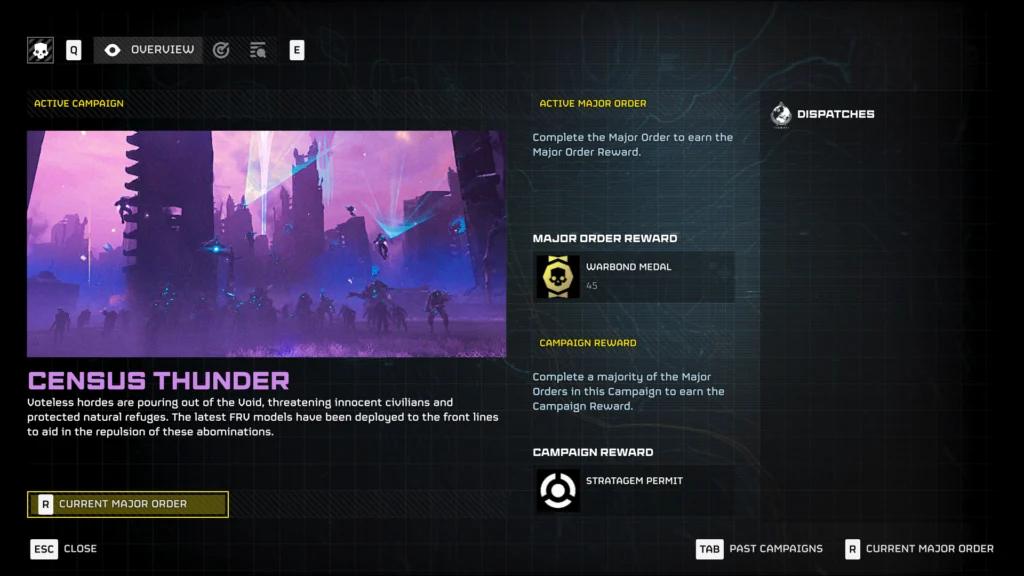 The Overview tab of the Control Center terminal from the Helldivers 2 Galactic Campaign system
