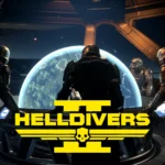 Four Helldivers and a Democracy Officer huddled around the Galactic War map with the title of the game in the bottom middle of the image