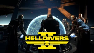 Four Helldivers and a Democracy Officer huddled around the Galactic War map with the title of the game in the bottom middle of the image