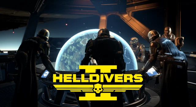 Four Helldivers and a Democracy Officer huddled around the Galactic War map with the title of the game in the bottom middle of the image