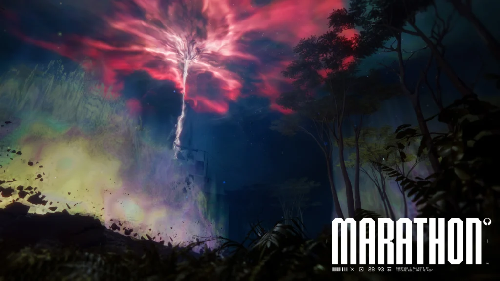 The night sky of the new Marathon Night Dire Marsh map being lit up by an anomaly