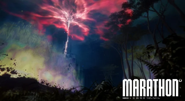 The night sky of the new Marathon Night Dire Marsh map being lit up by an anomaly