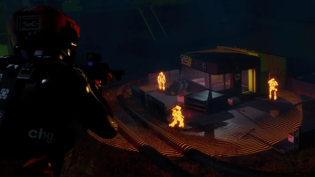 A Runner watching as a distant squad of UESC units are lit up by a Vector grenade