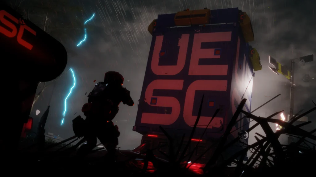 A Runner approaching a UESC Network Tower in the new Marathon Night Dire Marsh map
