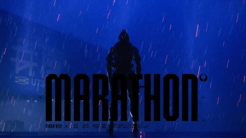 A lone Runner using the Marathon Runner Shell, Assassin, with their back to the camera and standing on a rooftop as rain pours on them with the title of the game on the bottom middle of the image