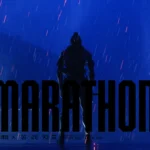 A lone Runner using the Marathon Runner Shell, Assassin, with their back to the camera and standing on a rooftop as rain pours on them with the title of the game on the bottom middle of the image