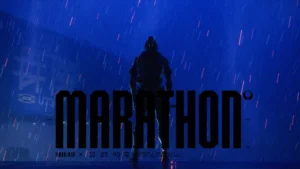 A lone Runner using the Marathon Runner Shell, Assassin, with their back to the camera and standing on a rooftop as rain pours on them with the title of the game on the bottom middle of the image