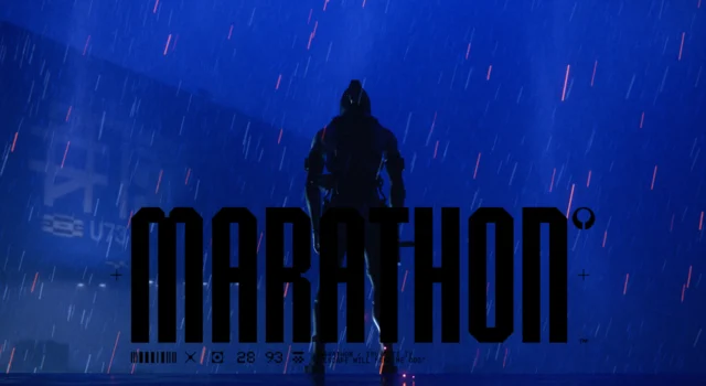 A lone Runner using the Marathon Runner Shell, Assassin, with their back to the camera and standing on a rooftop as rain pours on them with the title of the game on the bottom middle of the image