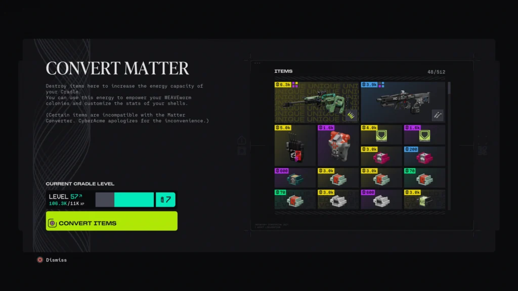 How You Can Use The Convenient Marathon Runner Shell Cradle To Stomp Out The Competition 3 The menu for the Matter Converter that let's you see what you'll be recycling and what it will give you