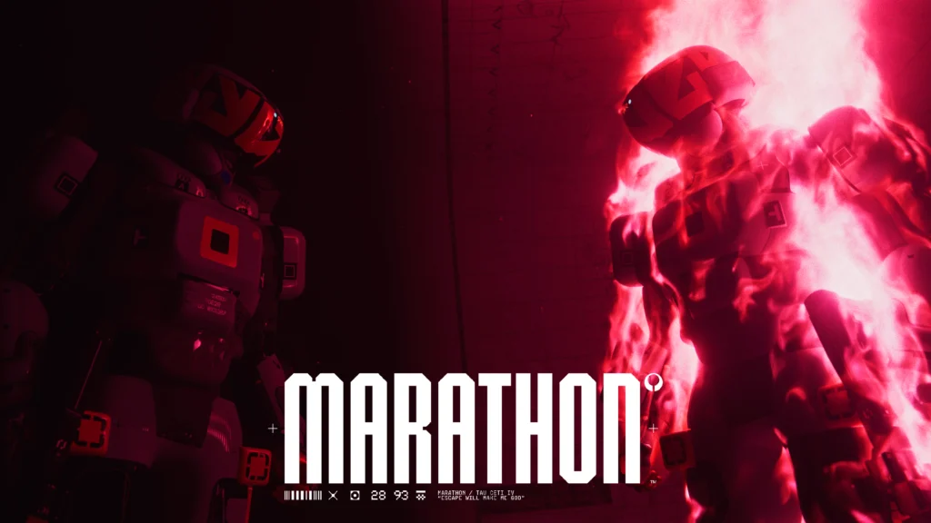 One normal Marathon Runner Shell, Destroyer, standing on the left and one burning Destroyer standing on the right with the title of the game in the middle