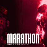 One normal Marathon Runner Shell, Destroyer, standing on the left and one burning Destroyer standing on the right with the title of the game in the middle