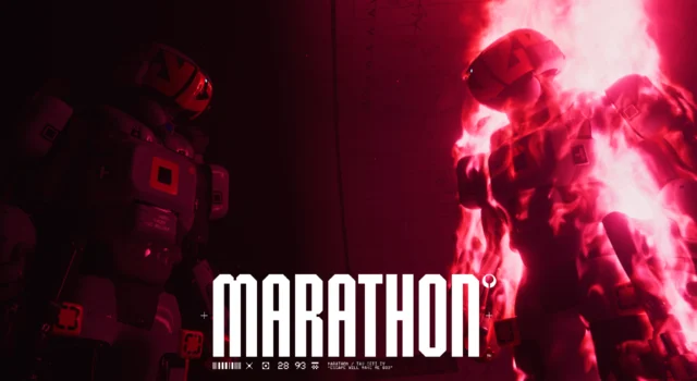 One normal Marathon Runner Shell, Destroyer, standing on the left and one burning Destroyer standing on the right with the title of the game in the middle