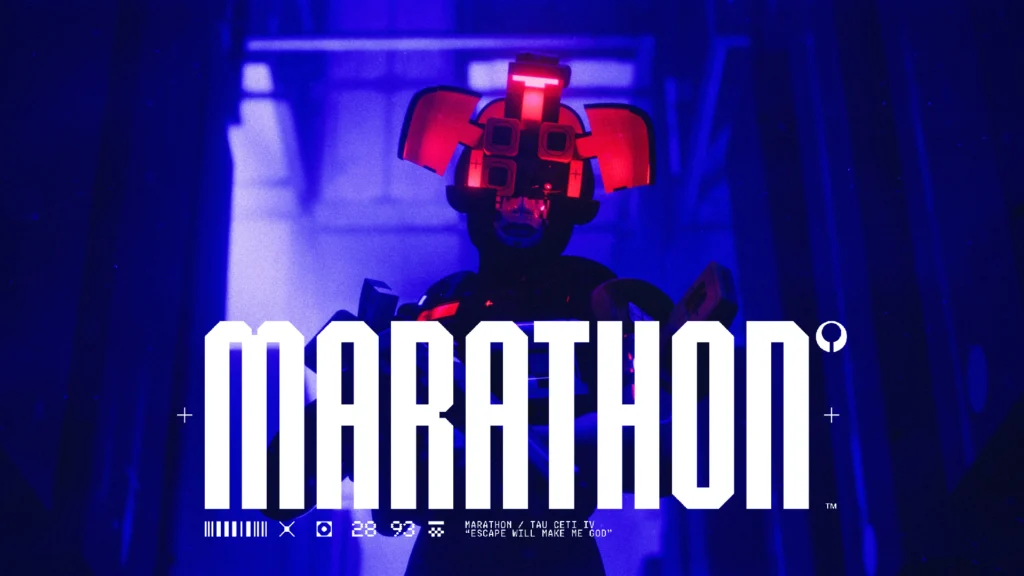 The Marathon Runner Shell, Recon, with their visor open to use their prime ability while the title of the game is on the bottom middle of the image