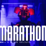The Marathon Runner Shell, Recon, with their visor open to use their prime ability while the title of the game is on the bottom middle of the image