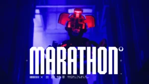 The Marathon Runner Shell, Recon, with their visor open to use their prime ability while the title of the game is on the bottom middle of the image