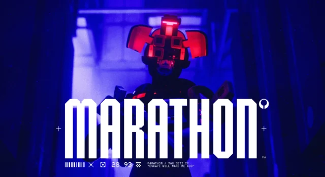 The Marathon Runner Shell, Recon, with their visor open to use their prime ability while the title of the game is on the bottom middle of the image