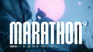 The Marathon Runner Shell, Rook, sitting on top of a vantage point with the cover of the game in the middle of the image