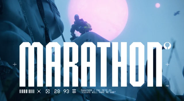 The Marathon Runner Shell, Rook, sitting on top of a vantage point with the cover of the game in the middle of the image