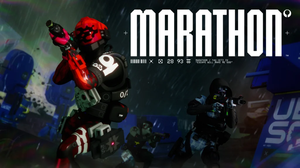 The new Marathon Runner Shell, Sentinel, navigating Night Dire Marsh with their squad