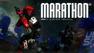 The new Marathon Runner Shell, Sentinel, navigating Night Dire Marsh with their squad