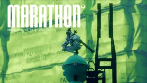 The Marathon Runner Shell, Thief, sitting on top of a vantage point and watching out for enemies or loot with the game's title on the top left of the image
