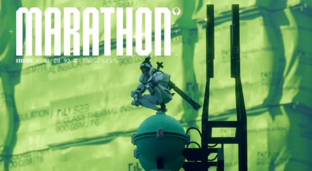 The Marathon Runner Shell, Thief, sitting on top of a vantage point and watching out for enemies or loot with the game's title on the top left of the image