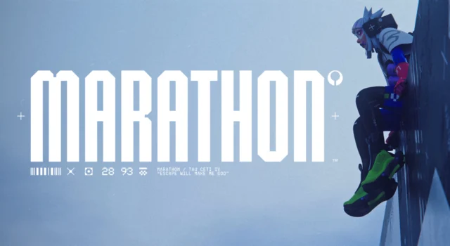 The Marathon Runner Shell, Vandal, sitting on a ledge of a building while looking at the game title to the center left of the image