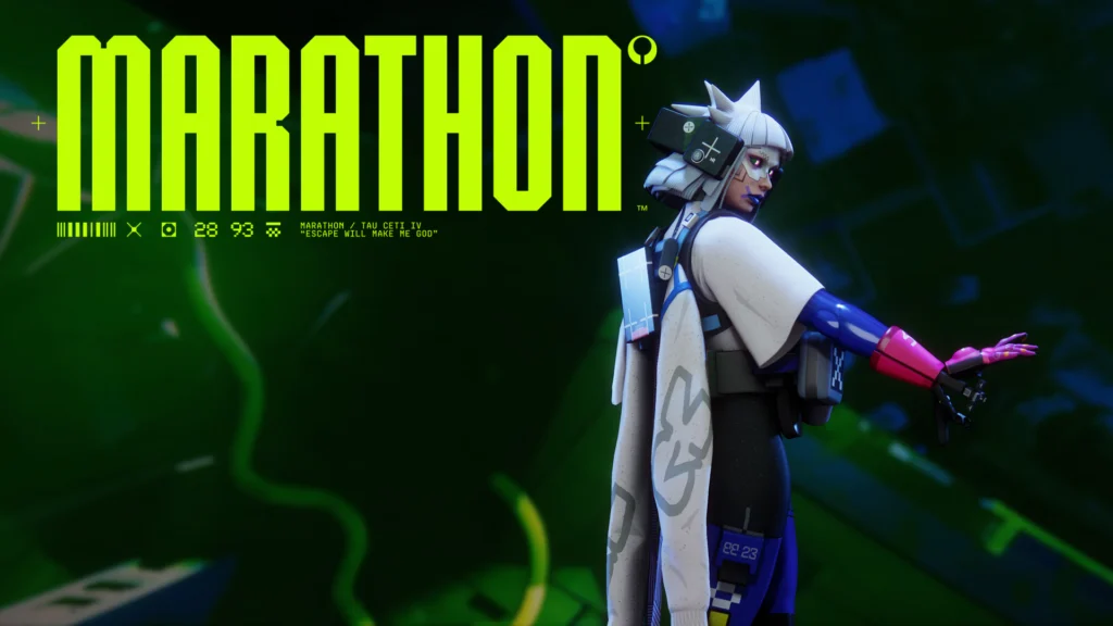 The default pose of the Marathon Runner Shell, Vandal, as seen in-game on the right side with the title of the game in the top left of the image