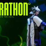 The default pose of the Marathon Runner Shell, Vandal, as seen in-game on the right side with the title of the game in the top left of the image
