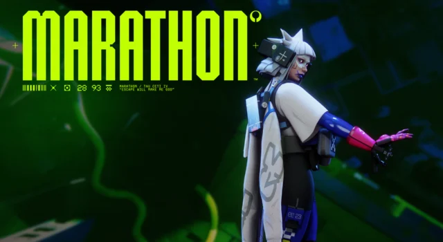 The default pose of the Marathon Runner Shell, Vandal, as seen in-game on the right side with the title of the game in the top left of the image