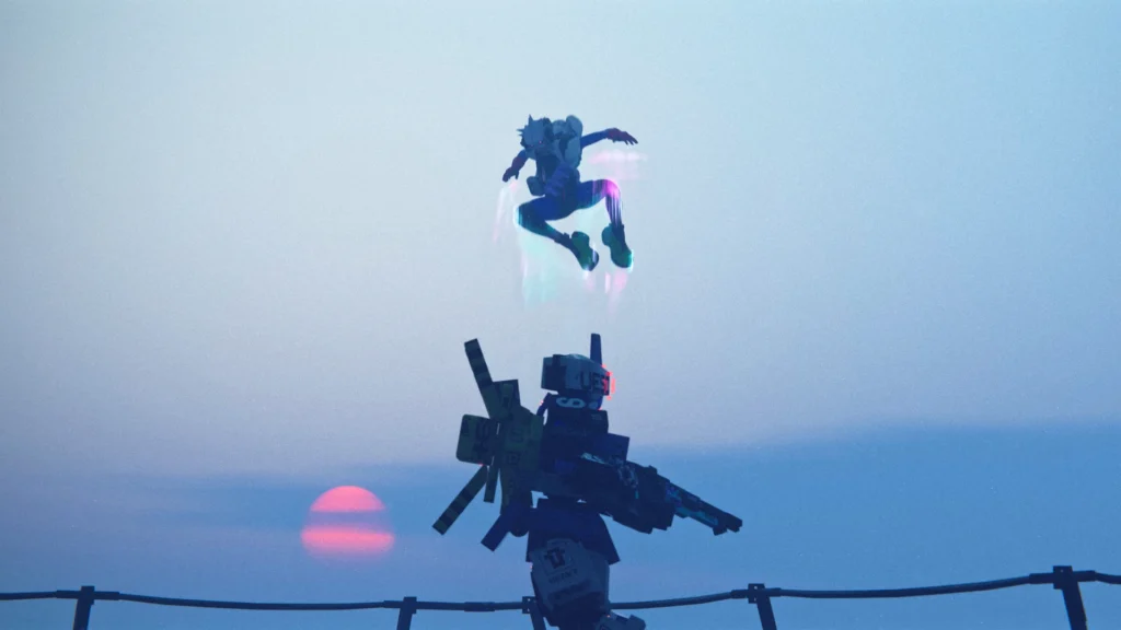 The Rebellious Abilities Of The Swift Marathon Runner Shell, Vandal 2 The Marathon Runner Shell, Vandal, using their double jump to gain a height advantage against a UESC unit