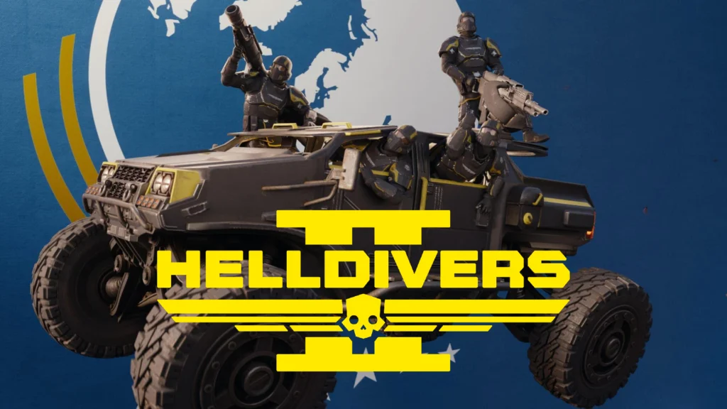 Four Helldivers posing in the standard FRV with one in the back in the gunner seat