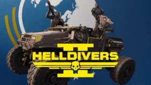 Four Helldivers posing in the standard FRV with one in the back in the gunner seat