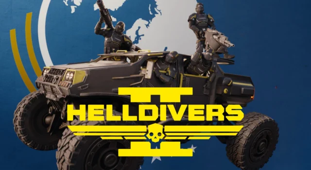 Four Helldivers posing in the standard FRV with one in the back in the gunner seat