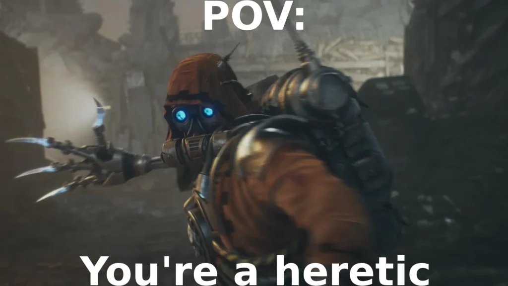 A Skitarii winding up their Chordclaw to strike the camera